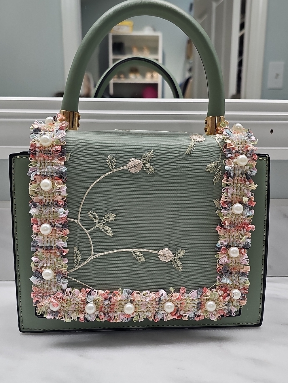 Sage Green Floral-Embroidered Top-Handle Satchel with Pearl Trim